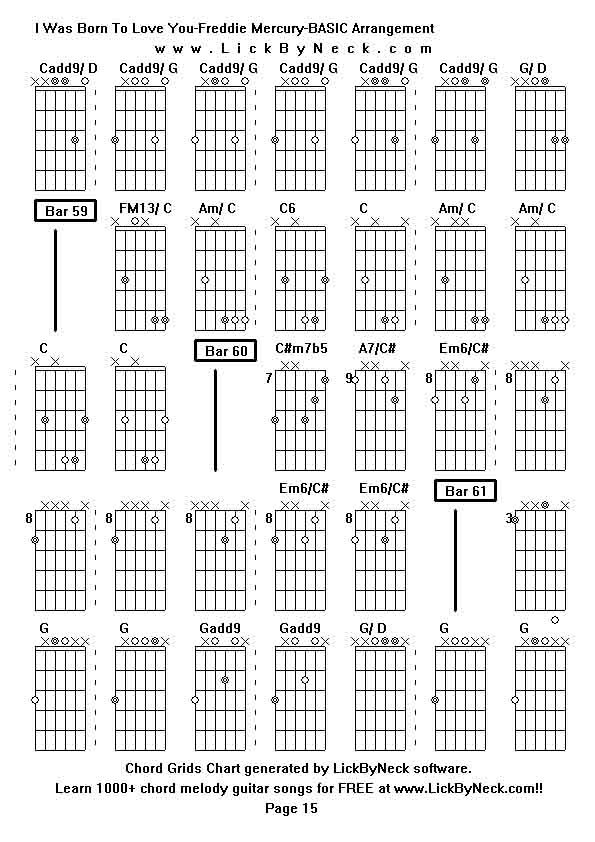 Chord Grids Chart of chord melody fingerstyle guitar song-I Was Born To Love You-Freddie Mercury-BASIC Arrangement,generated by LickByNeck software.